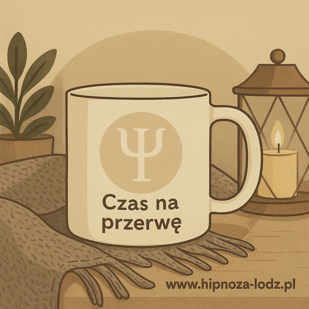 "Czas na Przerwę" – Odpoczynek i Relaks przed Sesją Hipnozy Grafika kubka z napisem "Czas na przerwę", symbolizujący komfort i gościnność w gabinecie. Idealny na chwilę wyciszenia przy kawie.