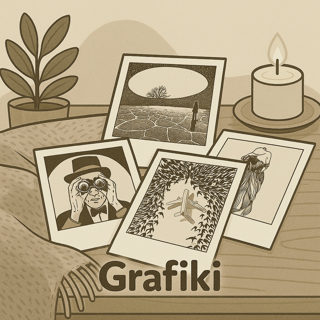 Zapraszam do Refleksji – Artystyczne Inspiracje, które Pomogą Ci Odkryć Głębię Cztery symboliczne grafiki w formacie polaroid. Symbolizują introspekcję, poszukiwanie i wolność. Wokół kompozycja z rośliną i świecą, podkreślająca ciepłą atmosferę gabinetu.